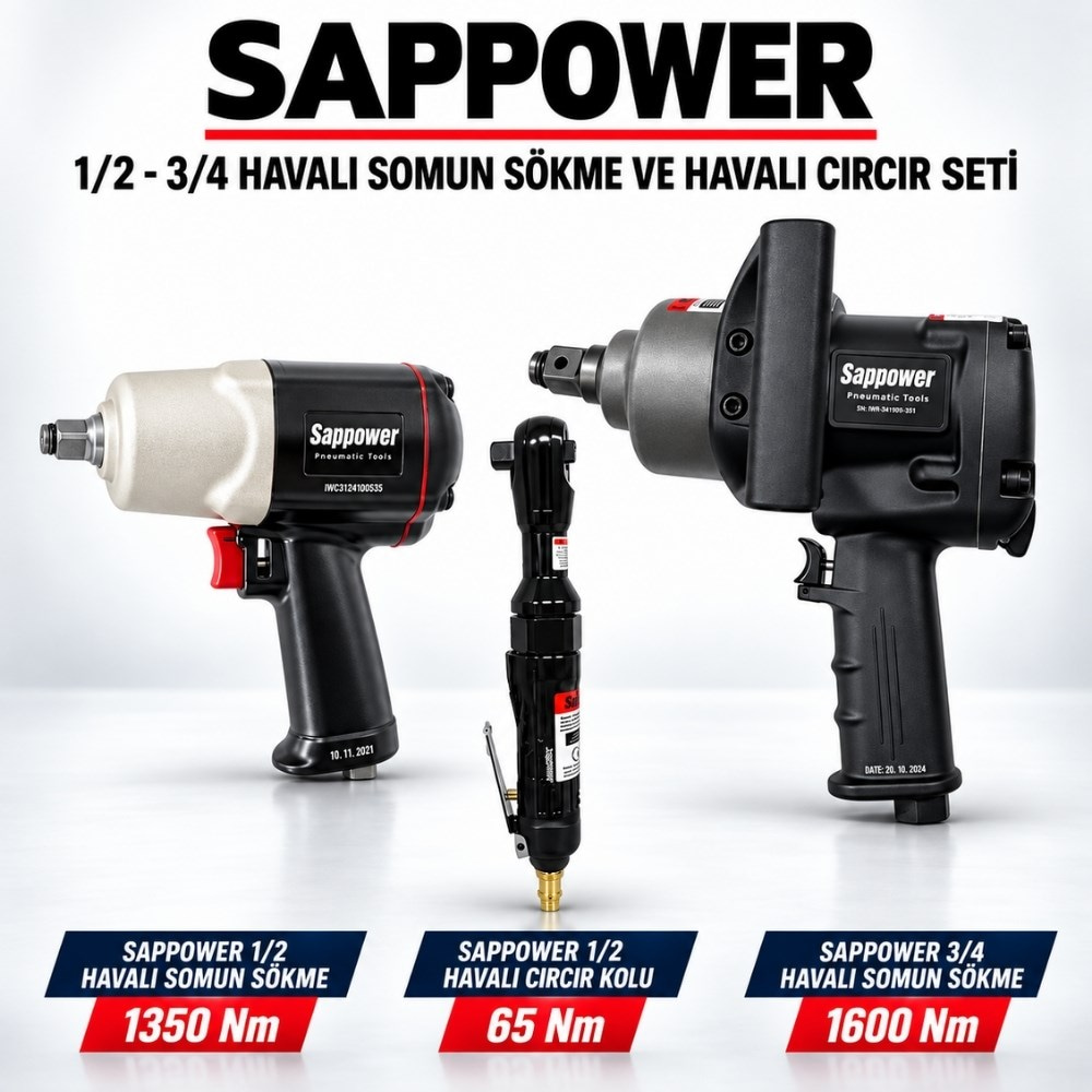 SAPPOWER 1/2 - 3/4 Havalı Somun Sökme ve Havalı Cırcır Seti