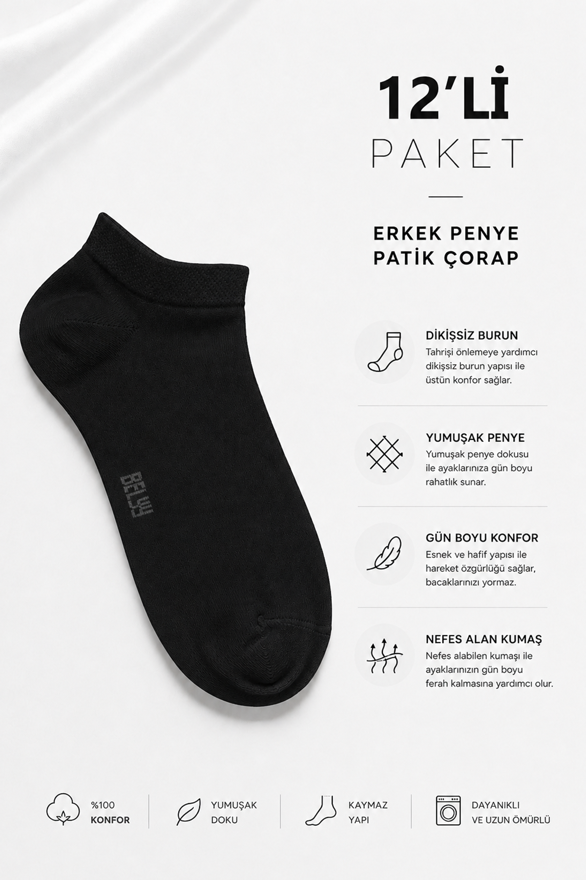 12 Li paket Penye Dikişsiz Erkek Sİyah Patik Çorap