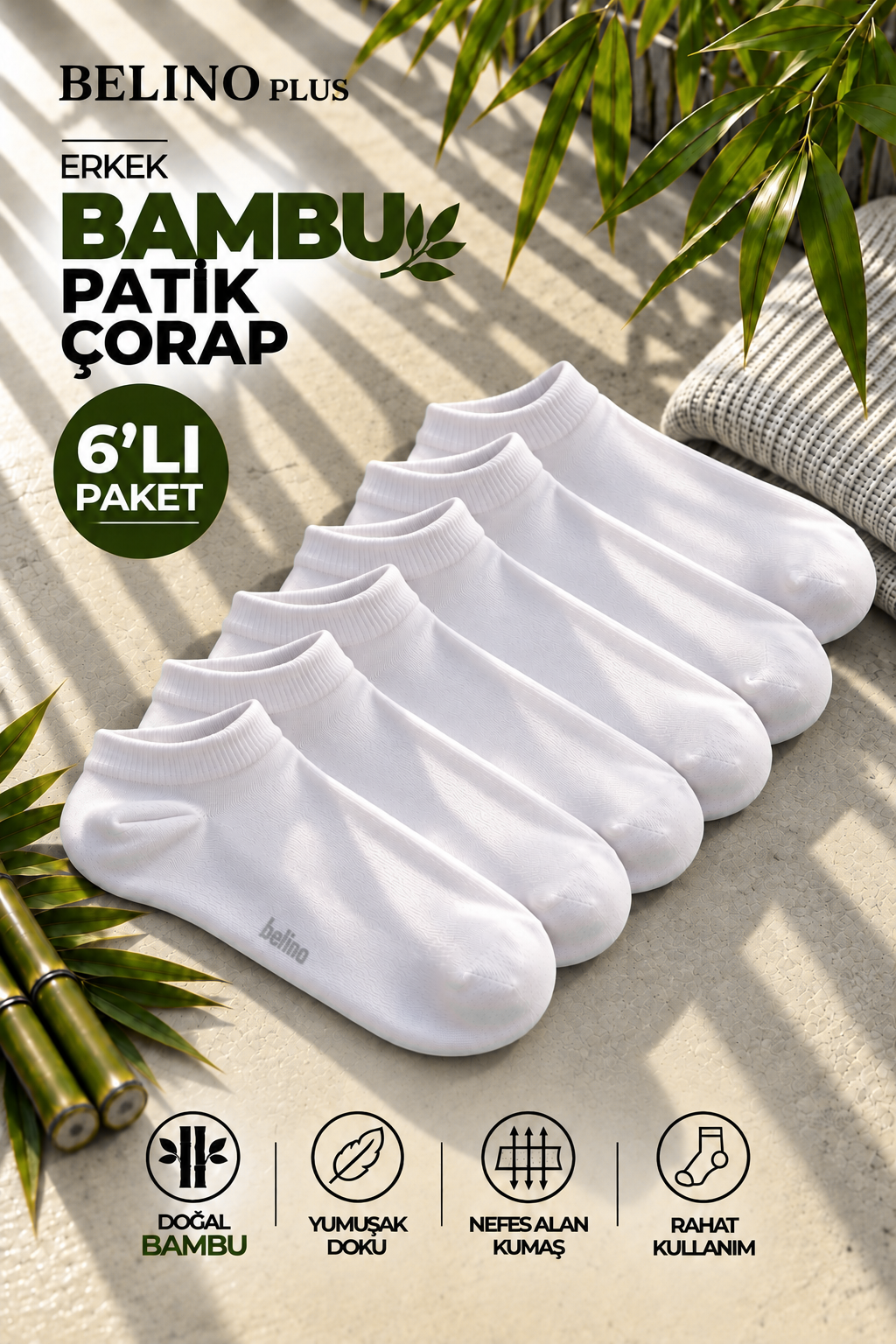 6 Lı Paket Bambu Beyaz Renk Patik Çorap