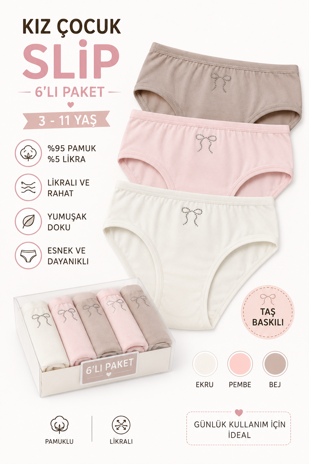 Kız Çocuk 6 Lı Slip Külot Penye Likralı Taş Baskılı