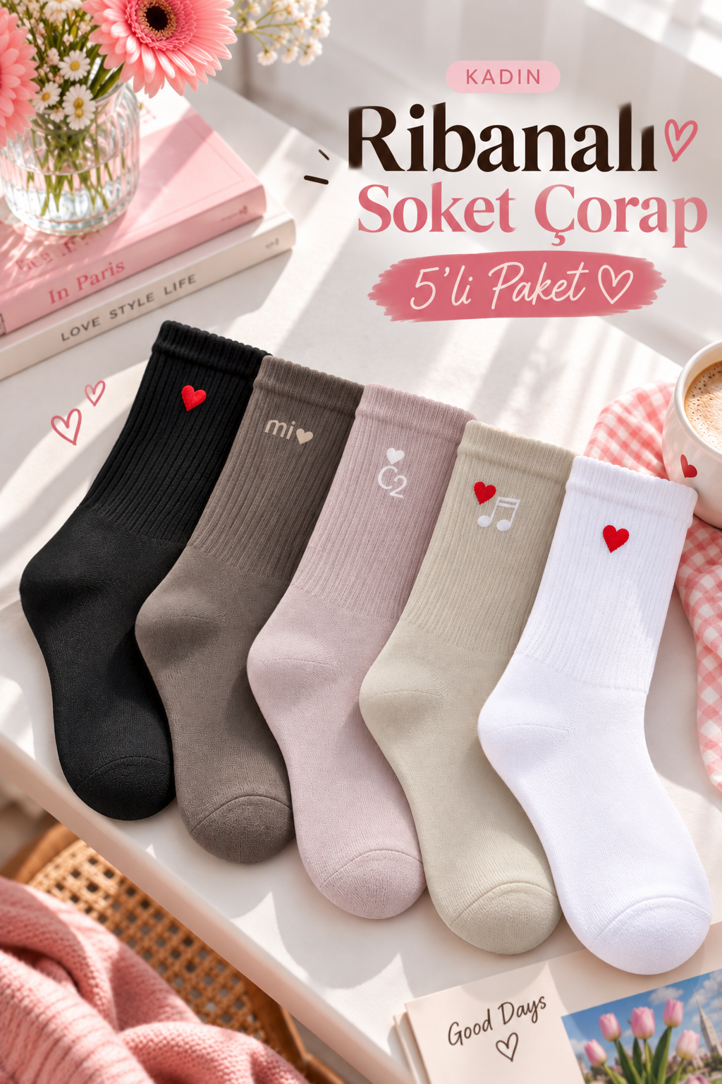 Moda Renklerle Kombin Yapılmış 5 Li Paket Penye Çorap