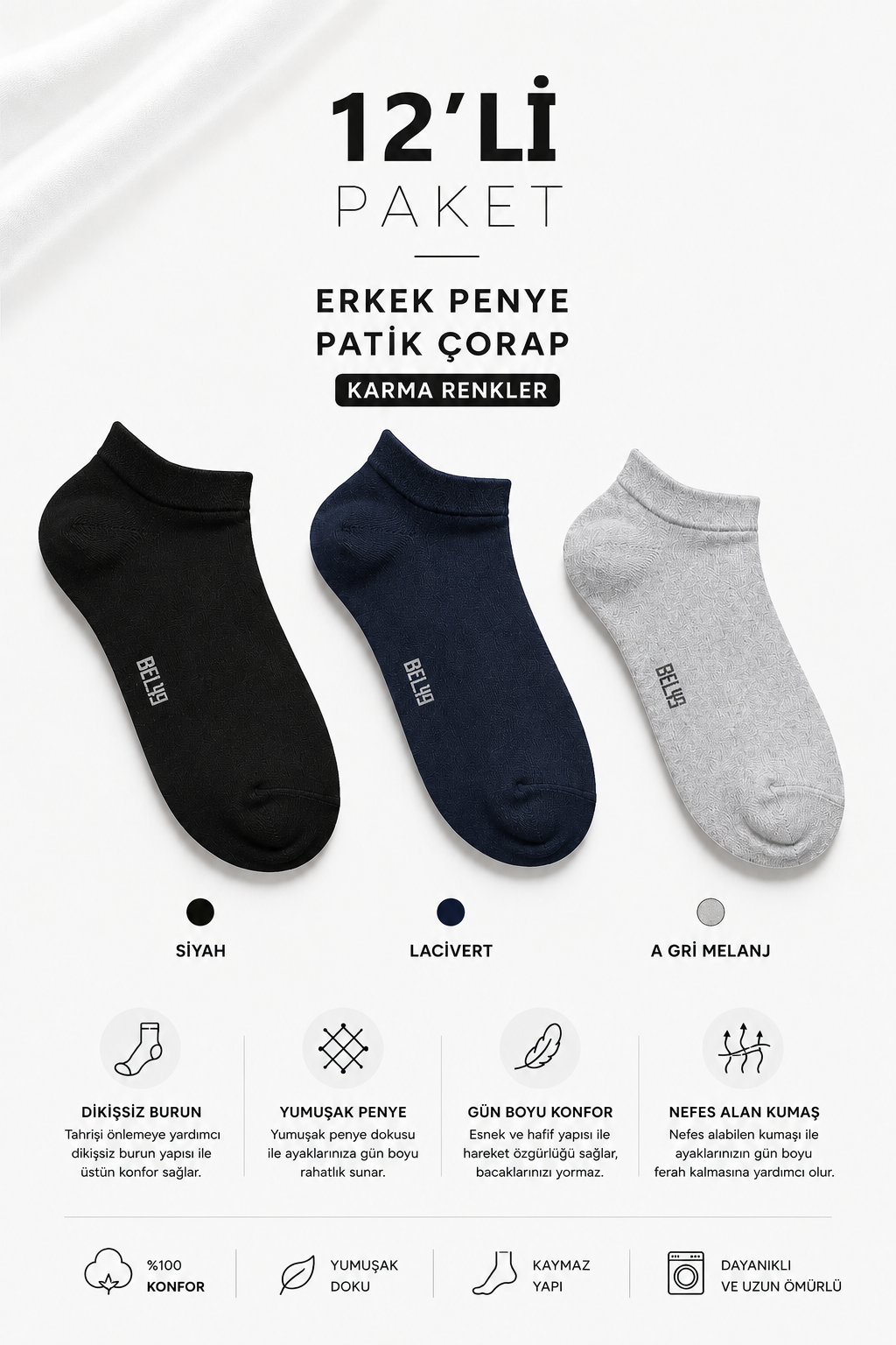 12 Li paket Penye Dikişsiz Erkek Karma Renk Patik Çorap