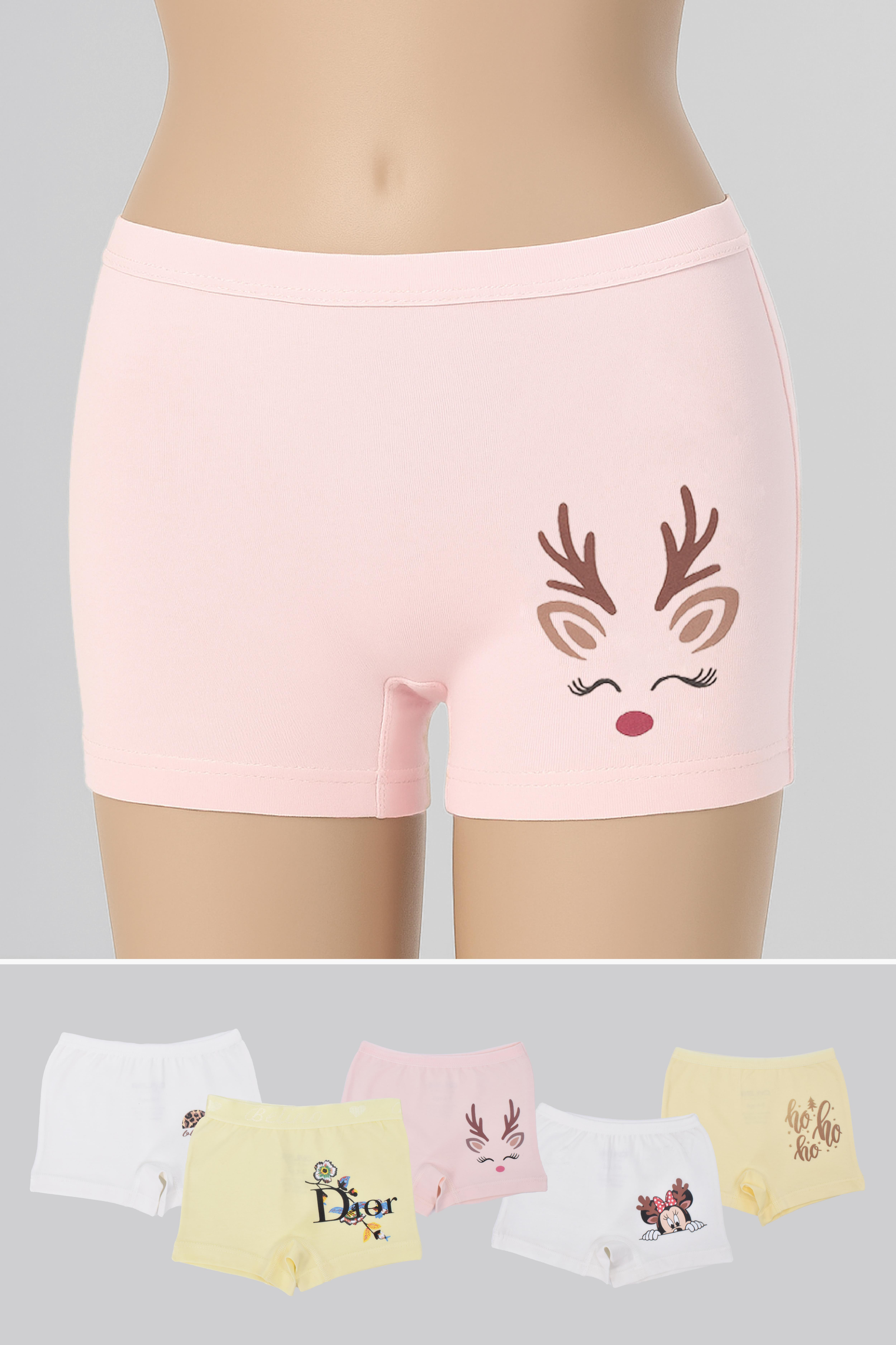 Penye LikralıI 5 Li Paket Çok Renkli Desenli Kız Çocuk Boxer