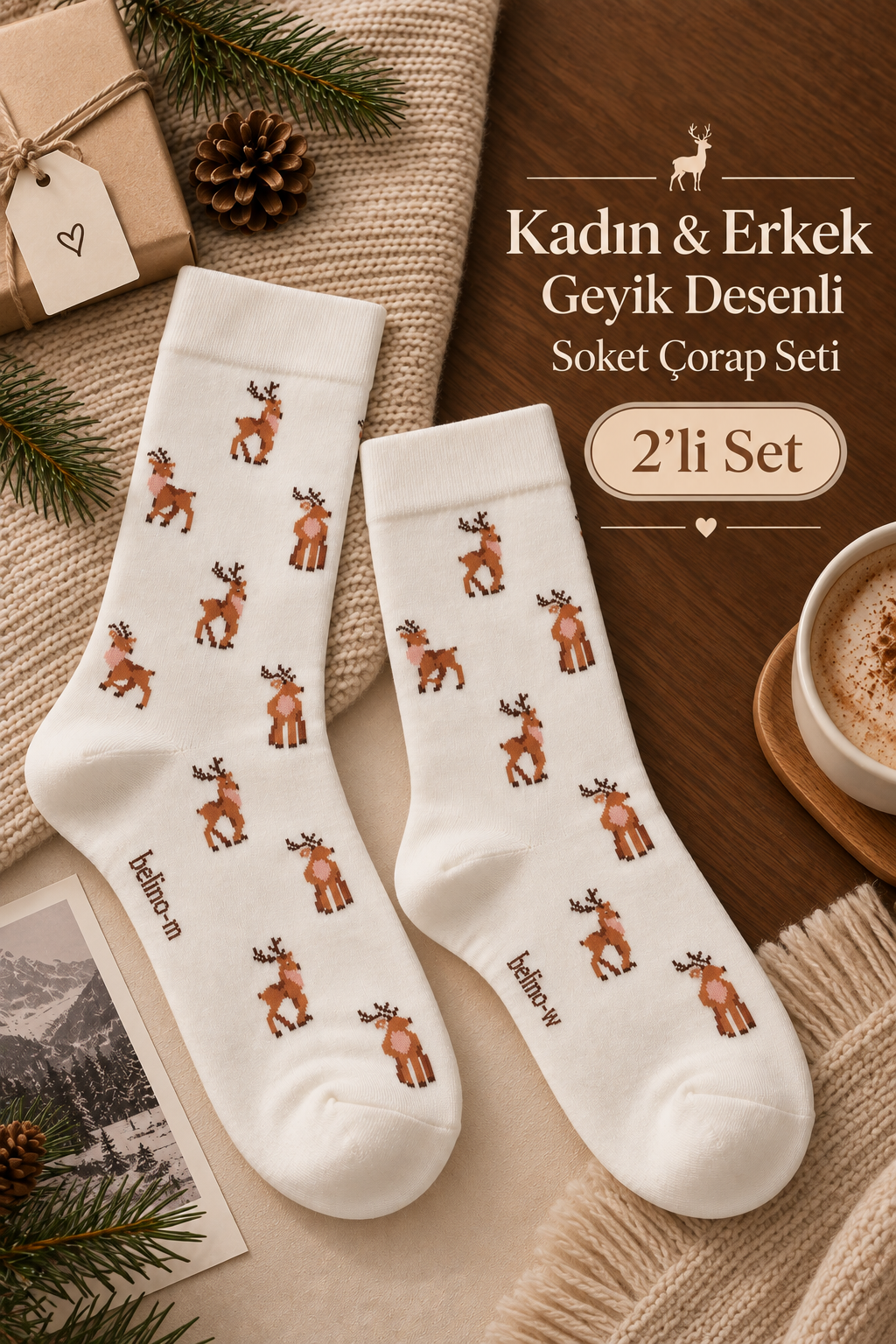 GEYİK DESENLİ ÇİFT SOKET ÇORAP SETİ - Deer Charm	