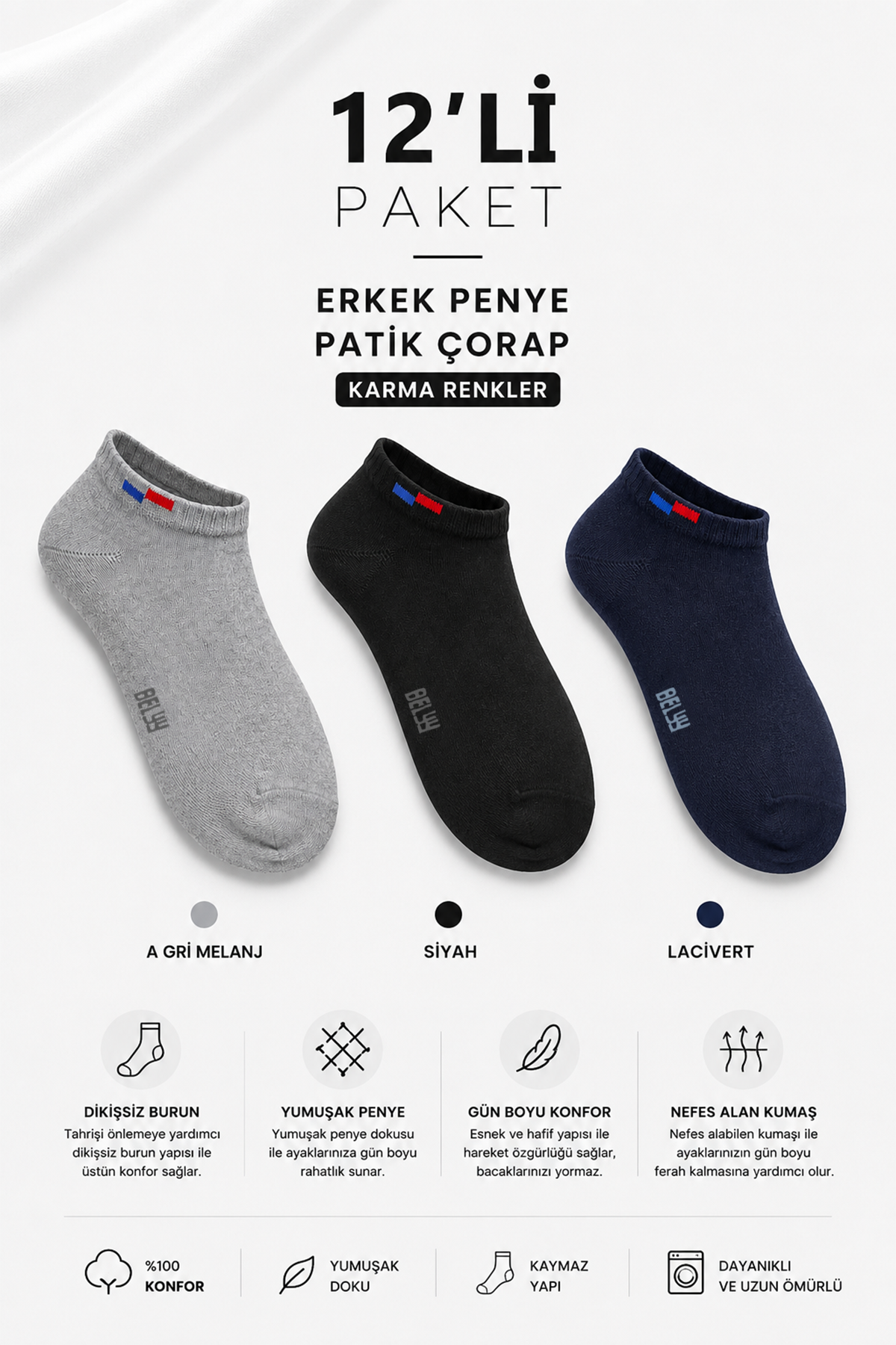 12 Li paket Penye Dikişsiz Erkek Çok Renkli Patik Çorap