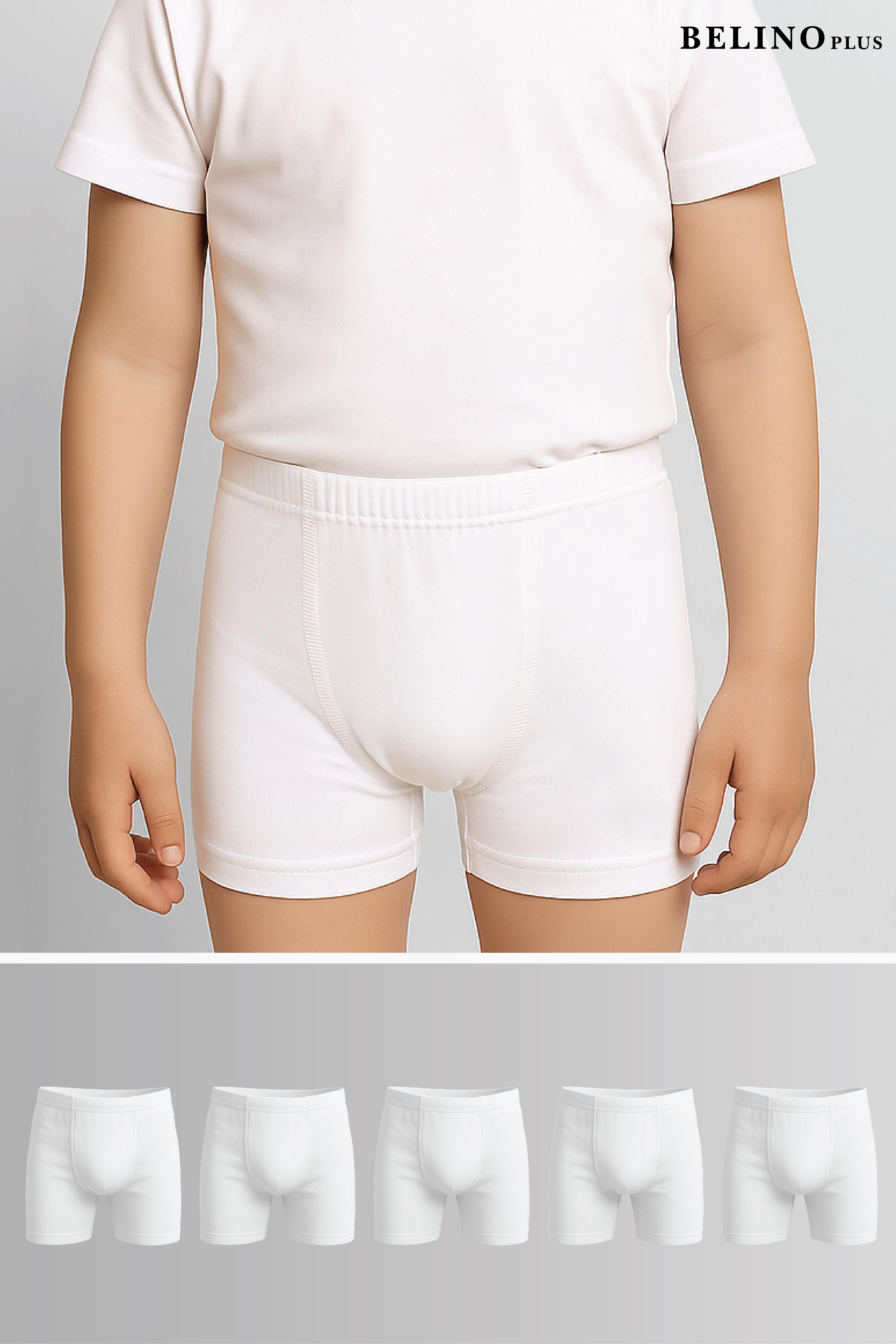 Penye Likralı 5 Paket Beyaz Düz Renk Erkek Çocuk Boxer