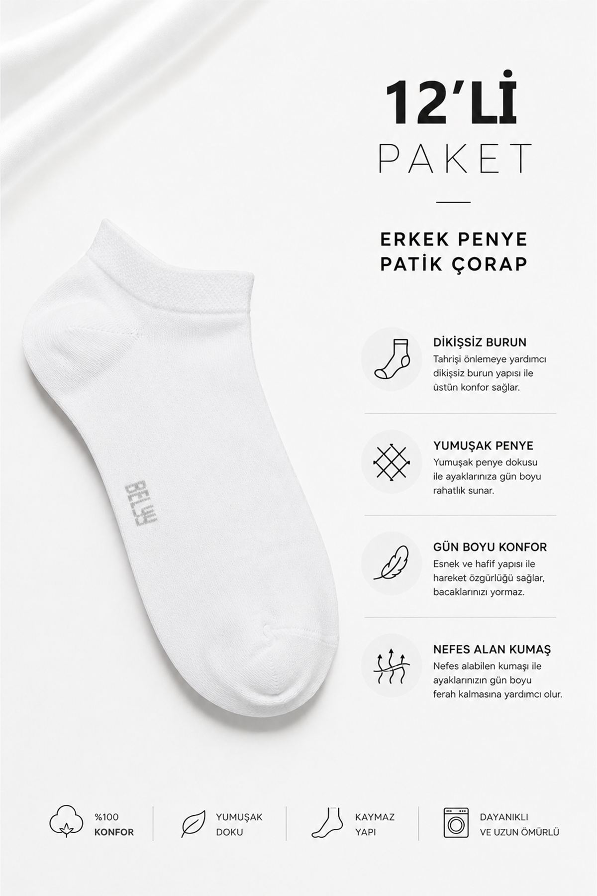 12 Li paket Penye Dikişsiz Erkek Beyaz Patik Çorap