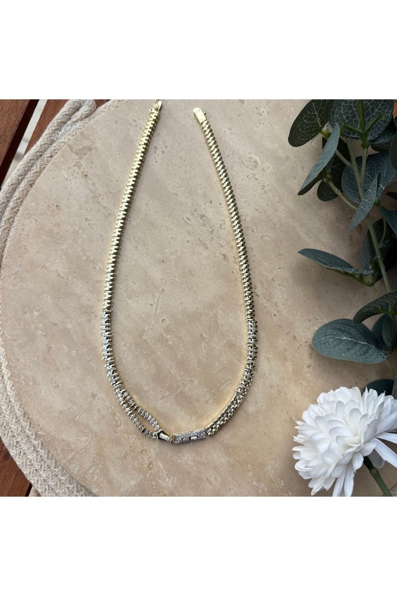 14K Altın Kaplama Baget Taşlı Tenis Kolye