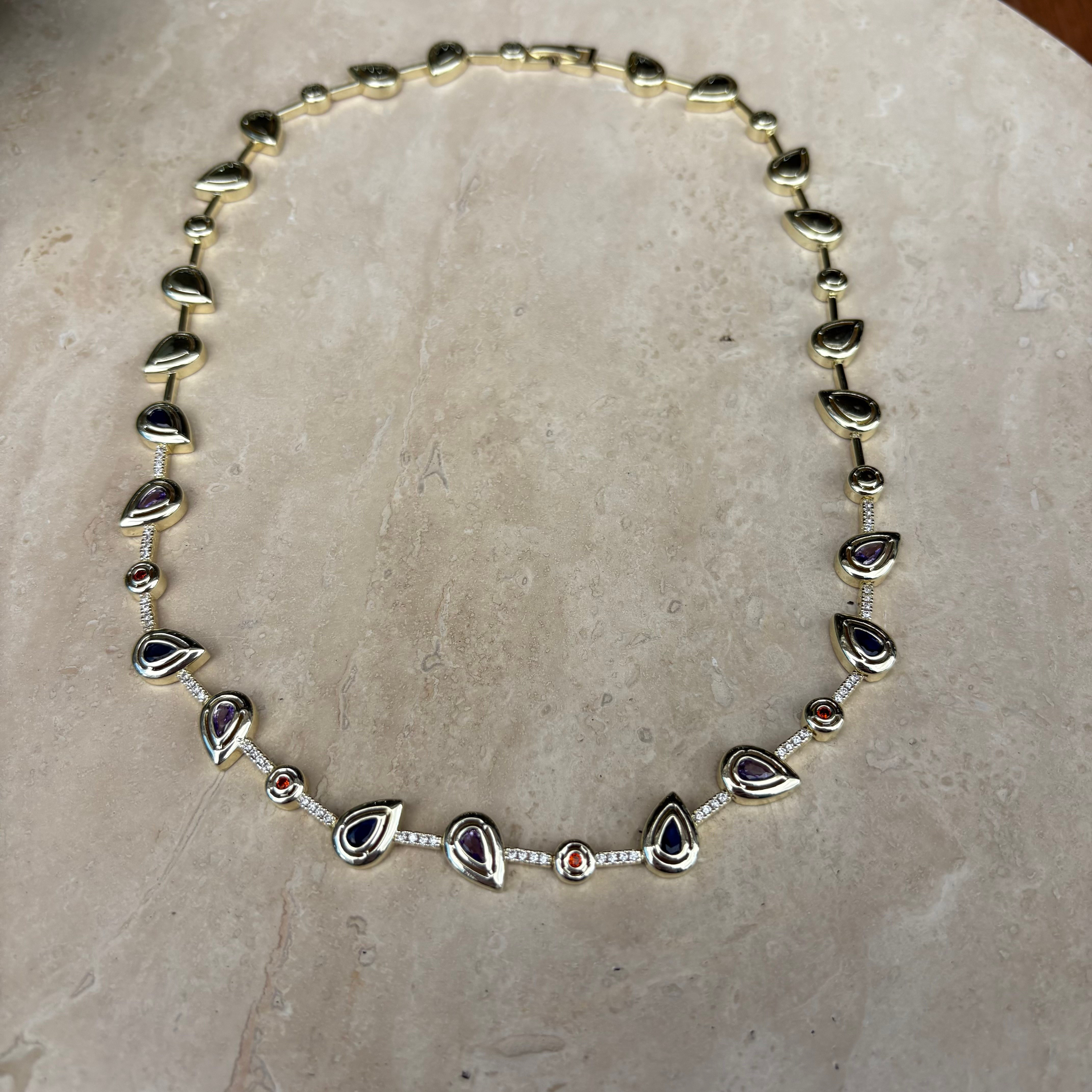 14K Altın Kaplama Damla Çerçeveli Renkli Zirkon Taş Kolye (45 cm)