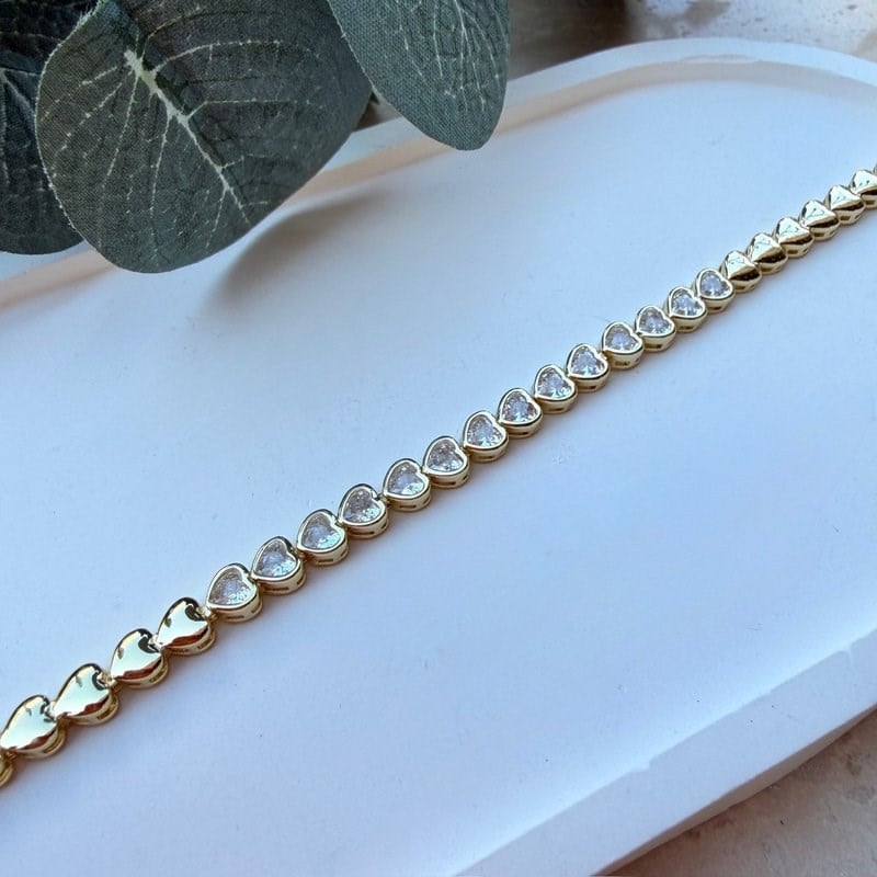 14K Altın Kaplama Kalp Detaylı Taşlı Bileklik (17+2 cm)