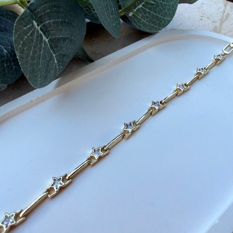 14K Altın Kaplama Mini Yıldız Taşlı Zarif Bileklik (17+2 cm)