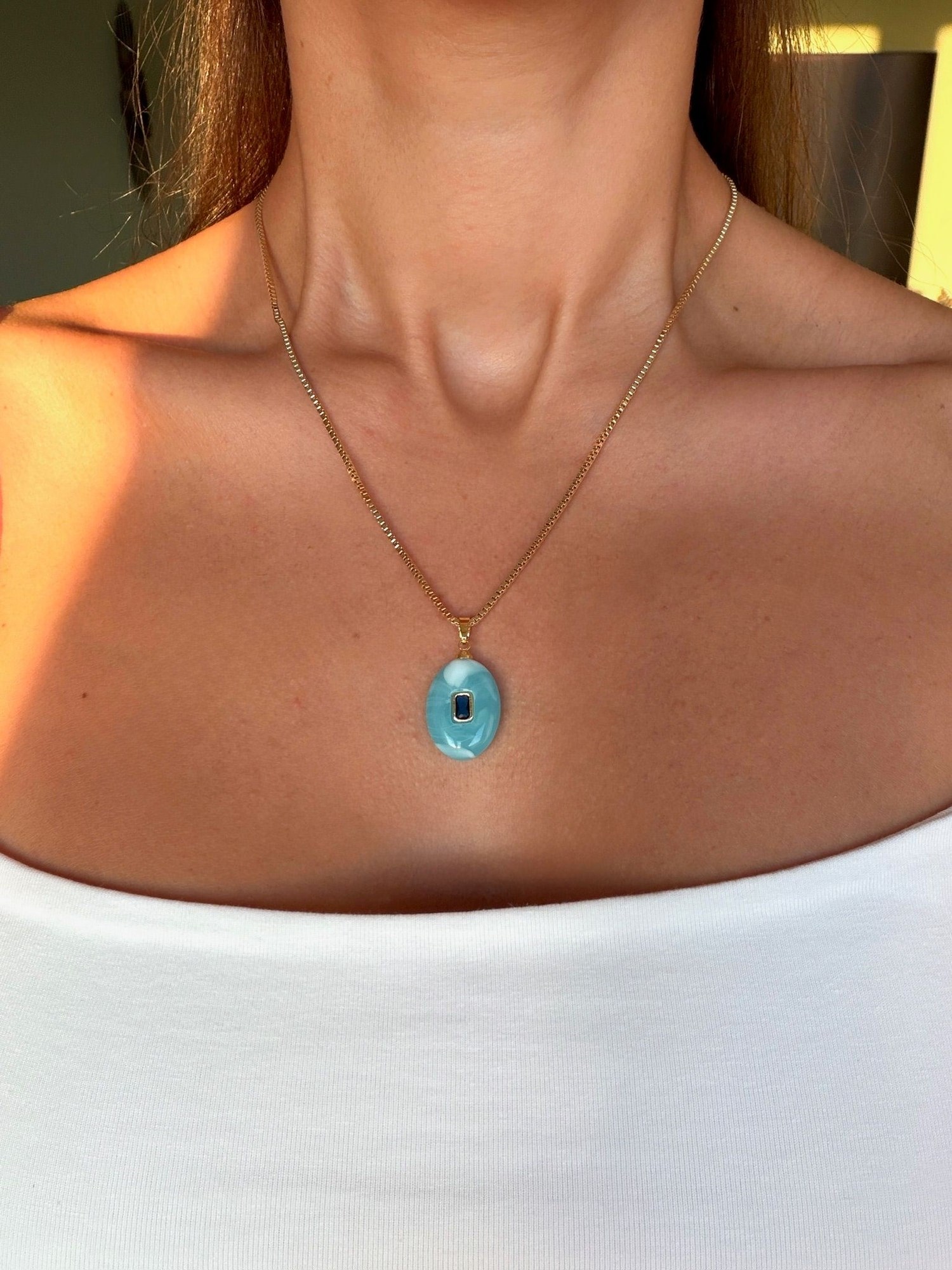 14K Altın Kaplama Oval Mavi Taş Kolye