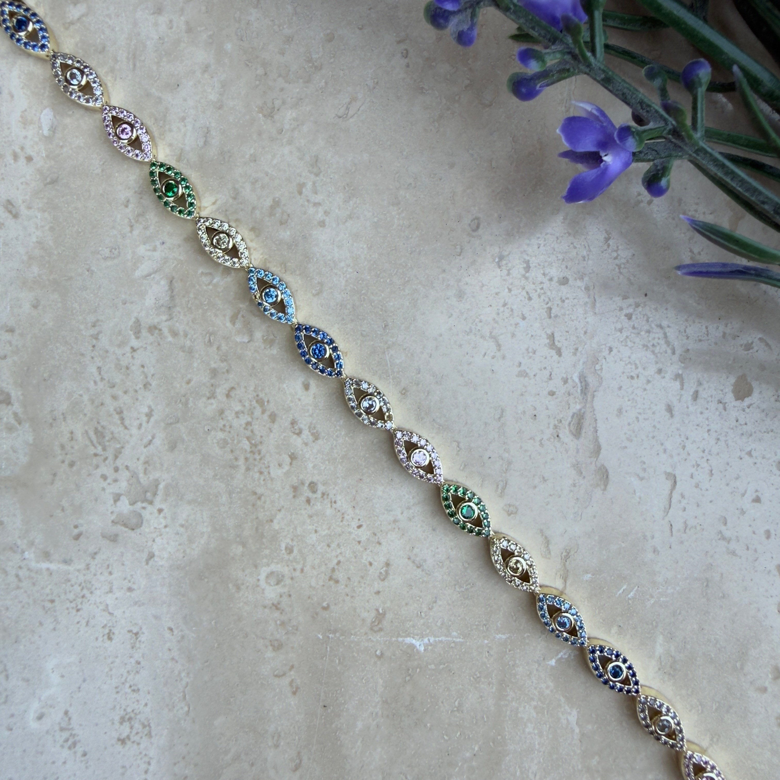 14K Altın Kaplama Renkli Göz Detaylı Bileklik (17+2 cm)