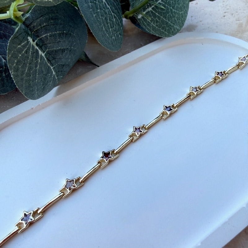 14K Altın Kaplama Renkli Mini Yıldız Taşlı Zarif Bileklik (17+2 cm)