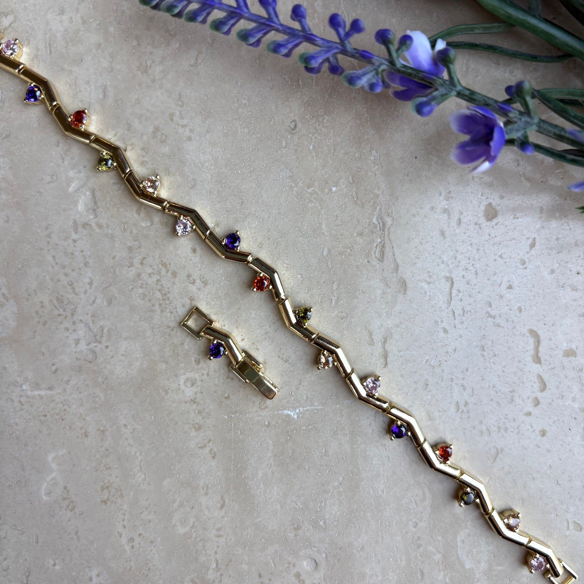 14K Altın Kaplama Renkli Taşlı Dal Model Bileklik (17+2cm)