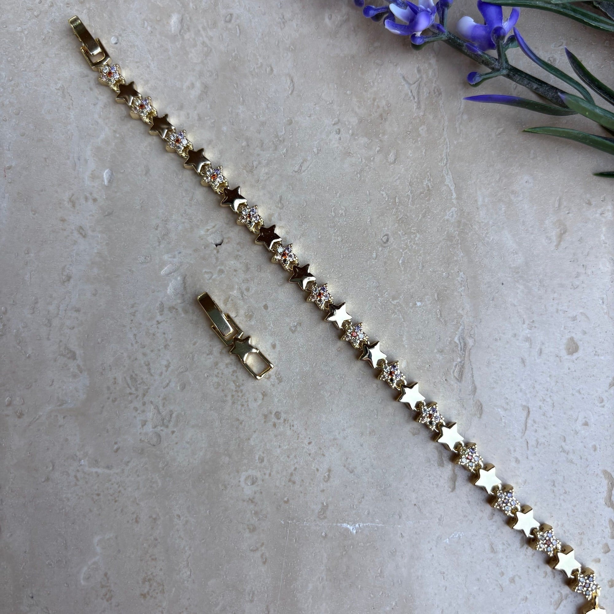 14K Altın Kaplama Renkli Yıldız Taşlı Gold Bileklik (17+2 cm)