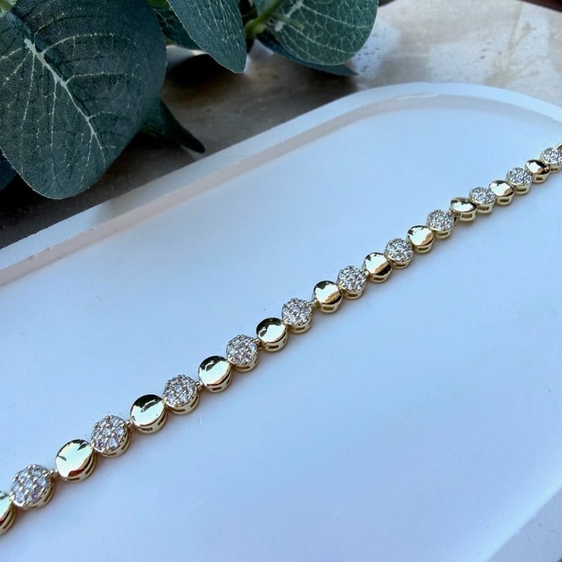 14K Altın Kaplama Yuvarlak Taşlı Bileklik (17+2 cm)