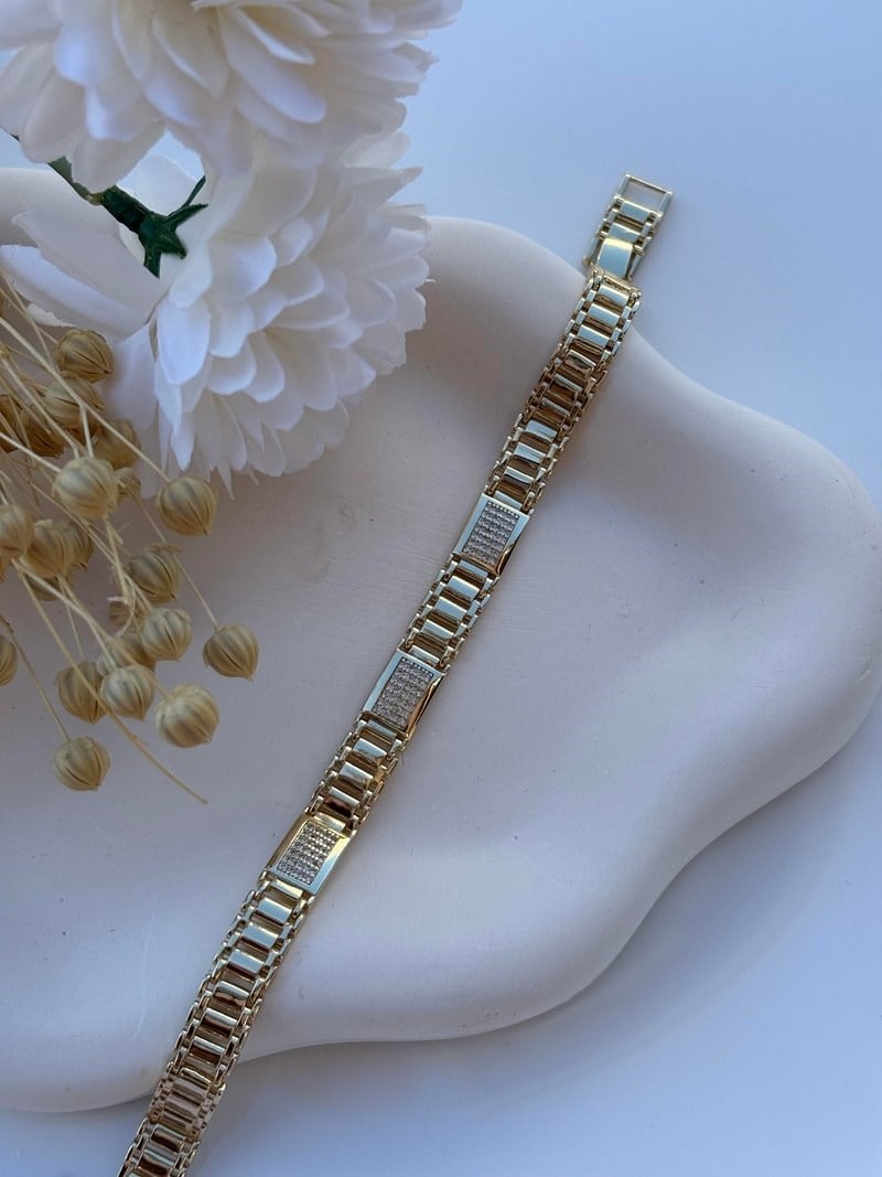 14K Özel Seri Dikdörtgen İçi Taşlı Kalın Zincir Bileklik (17+2 cm)