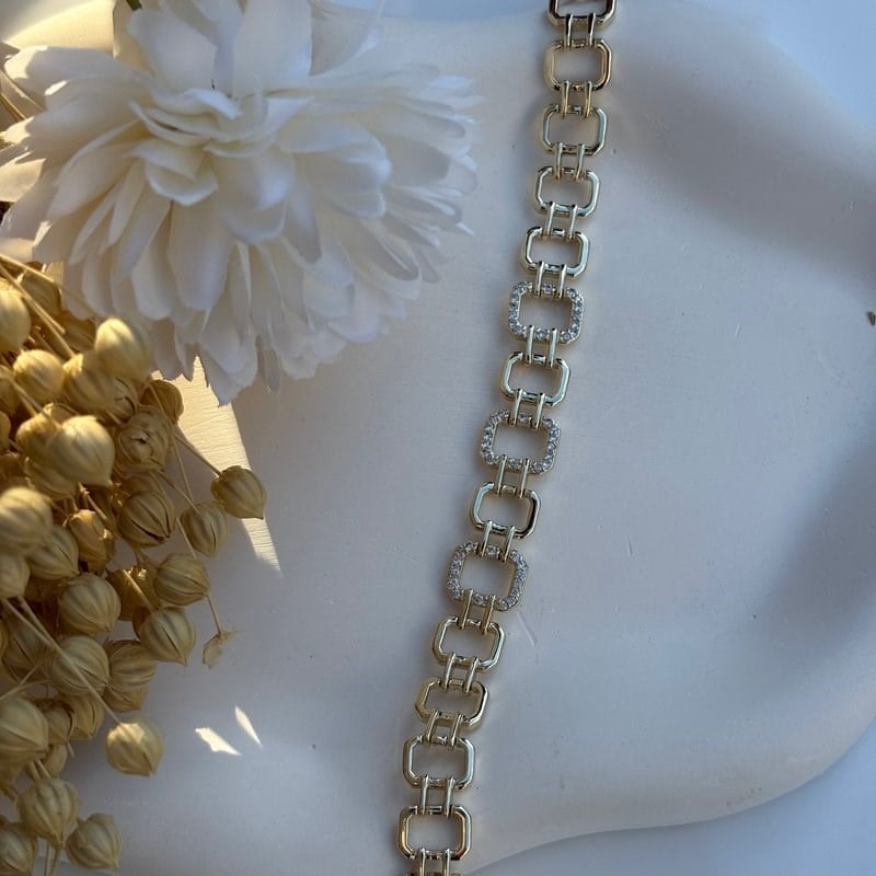14K Özel Seri Dikdörtgen Zincir Taşlı Bileklik (17+2 cm)