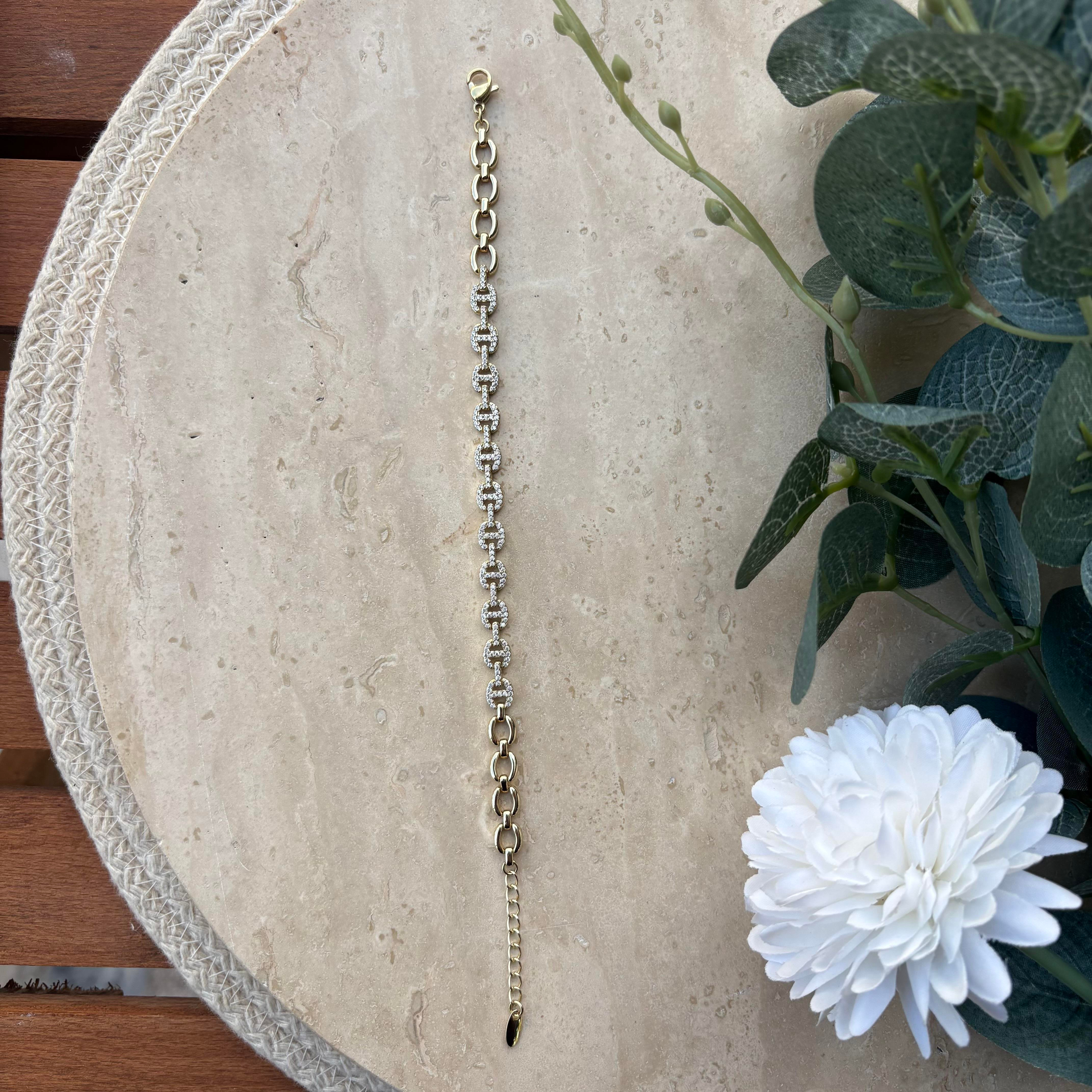 14K Özel Seri Düğme Model Taşlı Zarif Bileklik (17+3 cm)