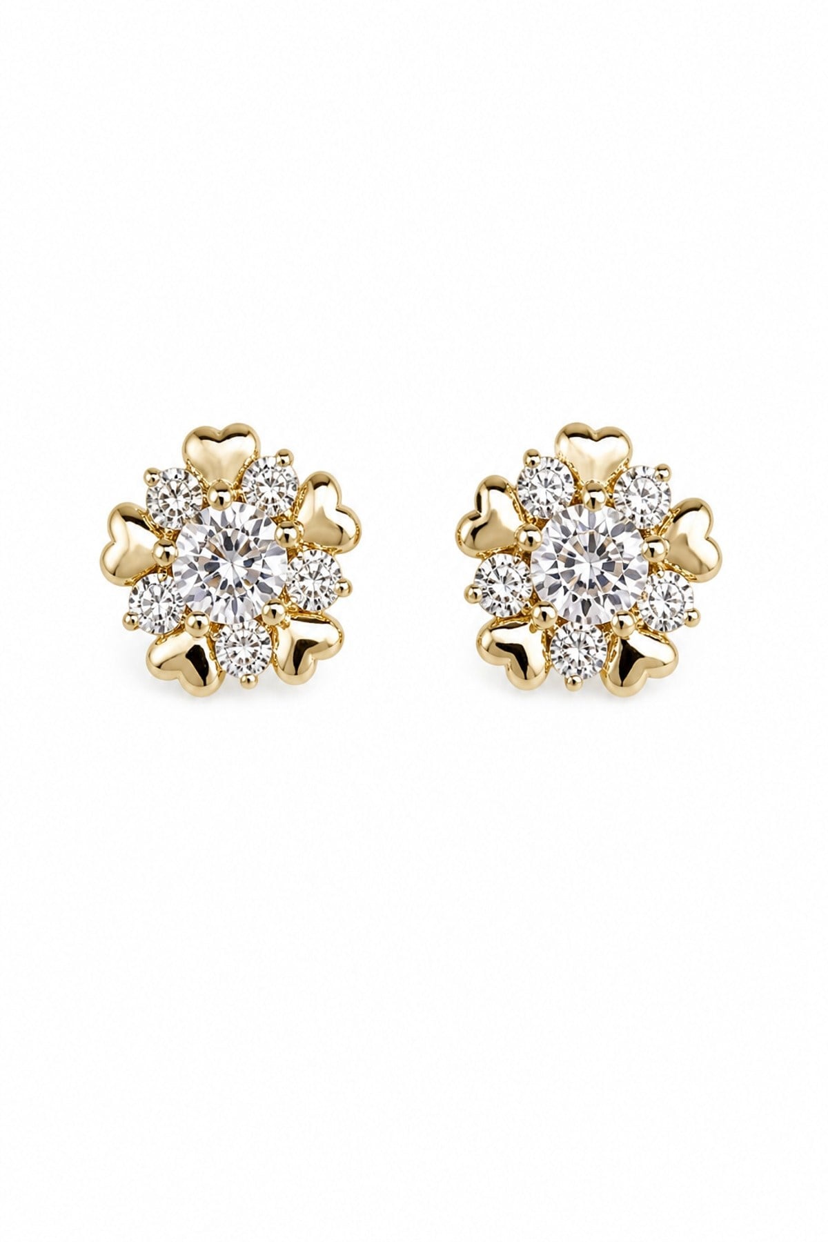14K Özel Seri Gold Kalp Taşlı Çiçek Küpe
