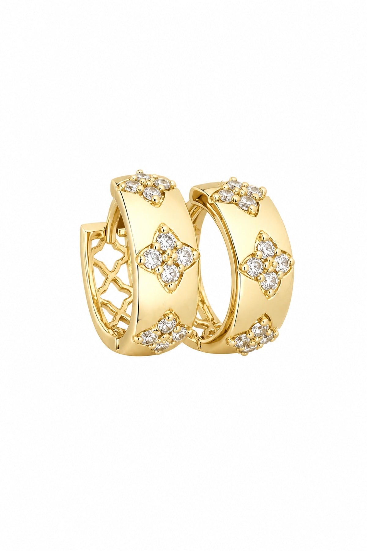 14K Özel Seri  Gold Yonca Taşlı Halka Küpe