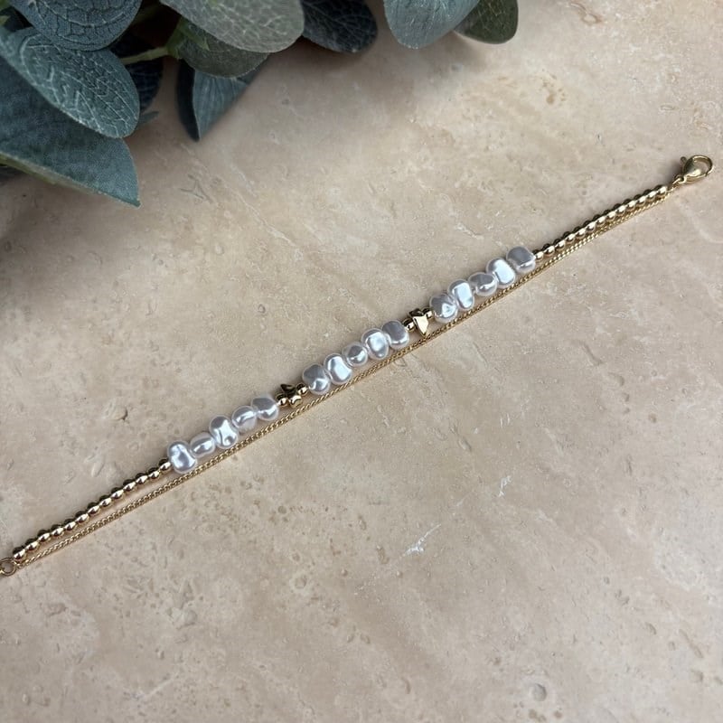 14K Özel Seri İncili Çift Zincir Bileklik (17+3 cm)