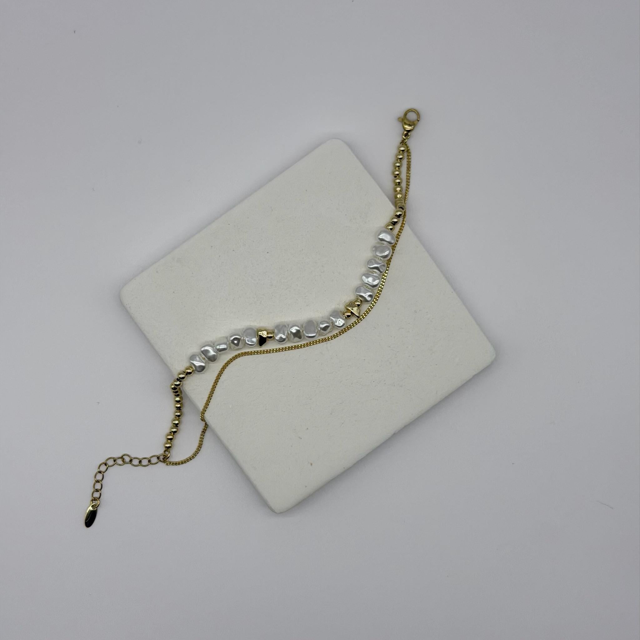 14K Özel Seri İncili Çift Zincir Bileklik (17+3 cm)