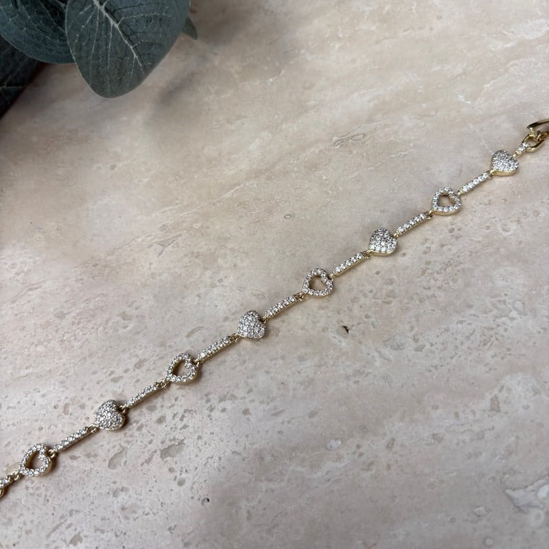 14K Özel Seri Kalp Figürlü Zirkon Taşlı Bileklik (17+2 cm)