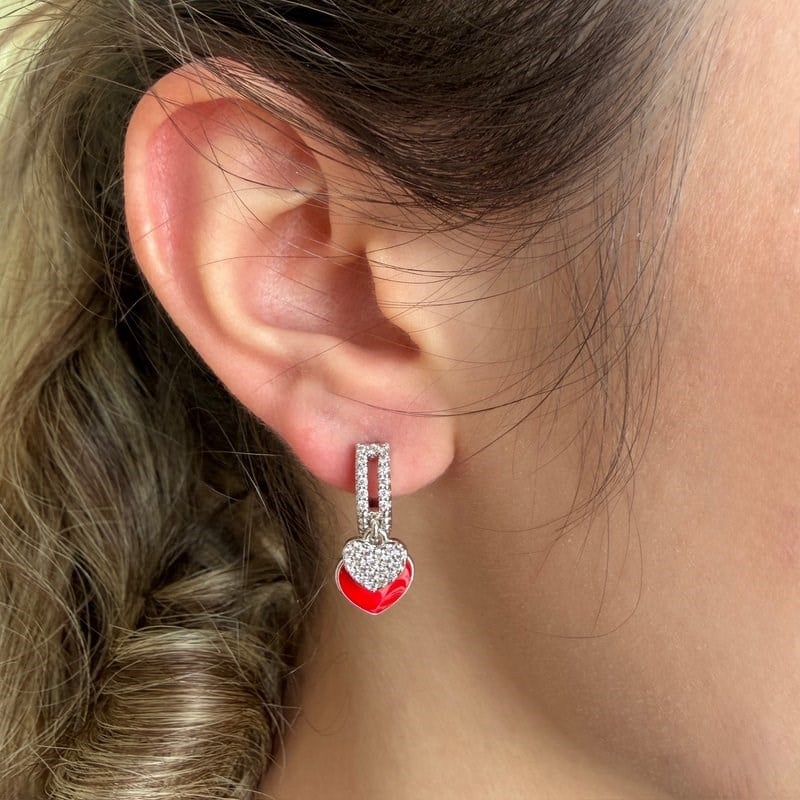 14K Özel Seri Kırmızı Charmlı Sallantılı Küpe (Silver)