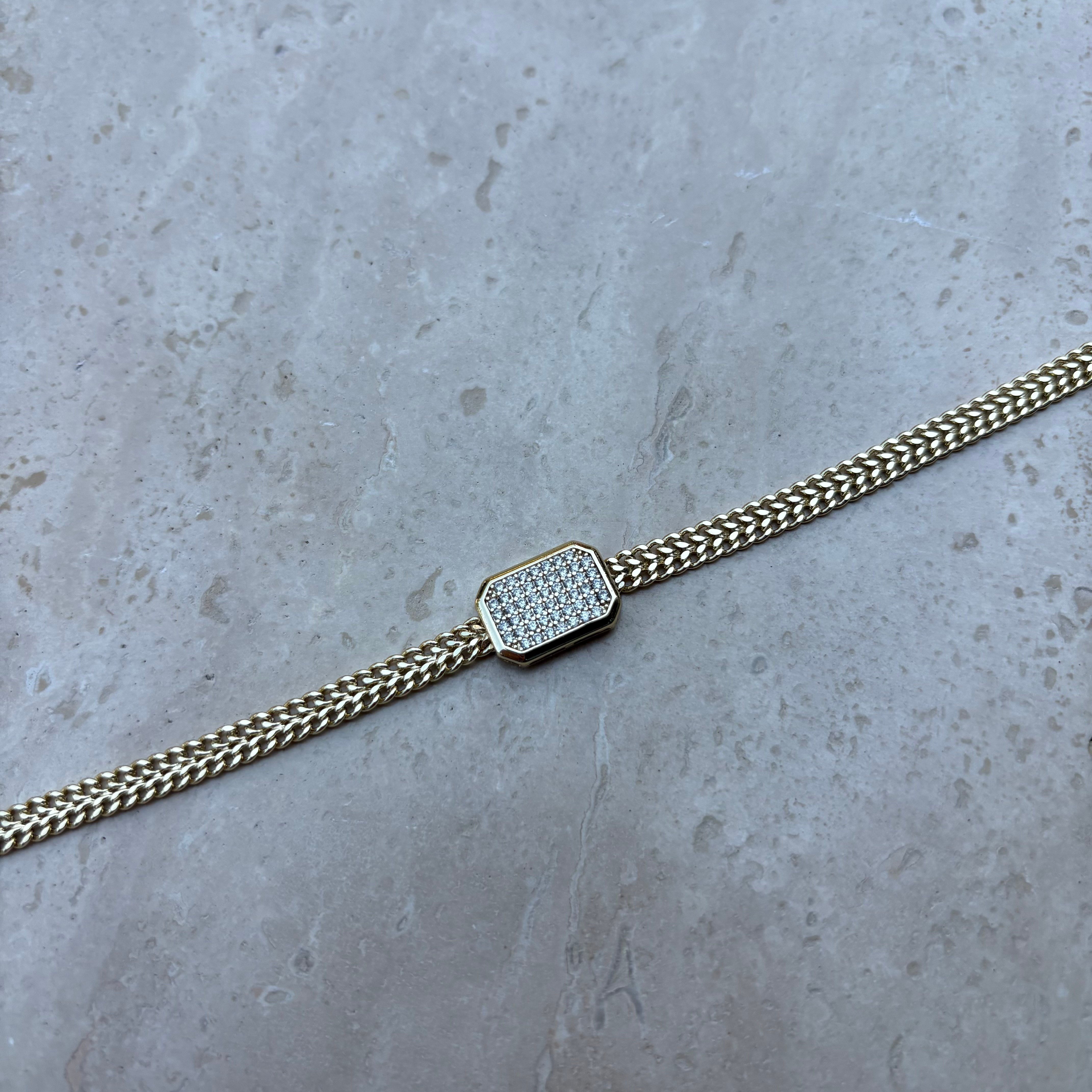 14K Özel Seri ortası Sekizgen Taşlı Zincir Bileklik (17+3 cm)