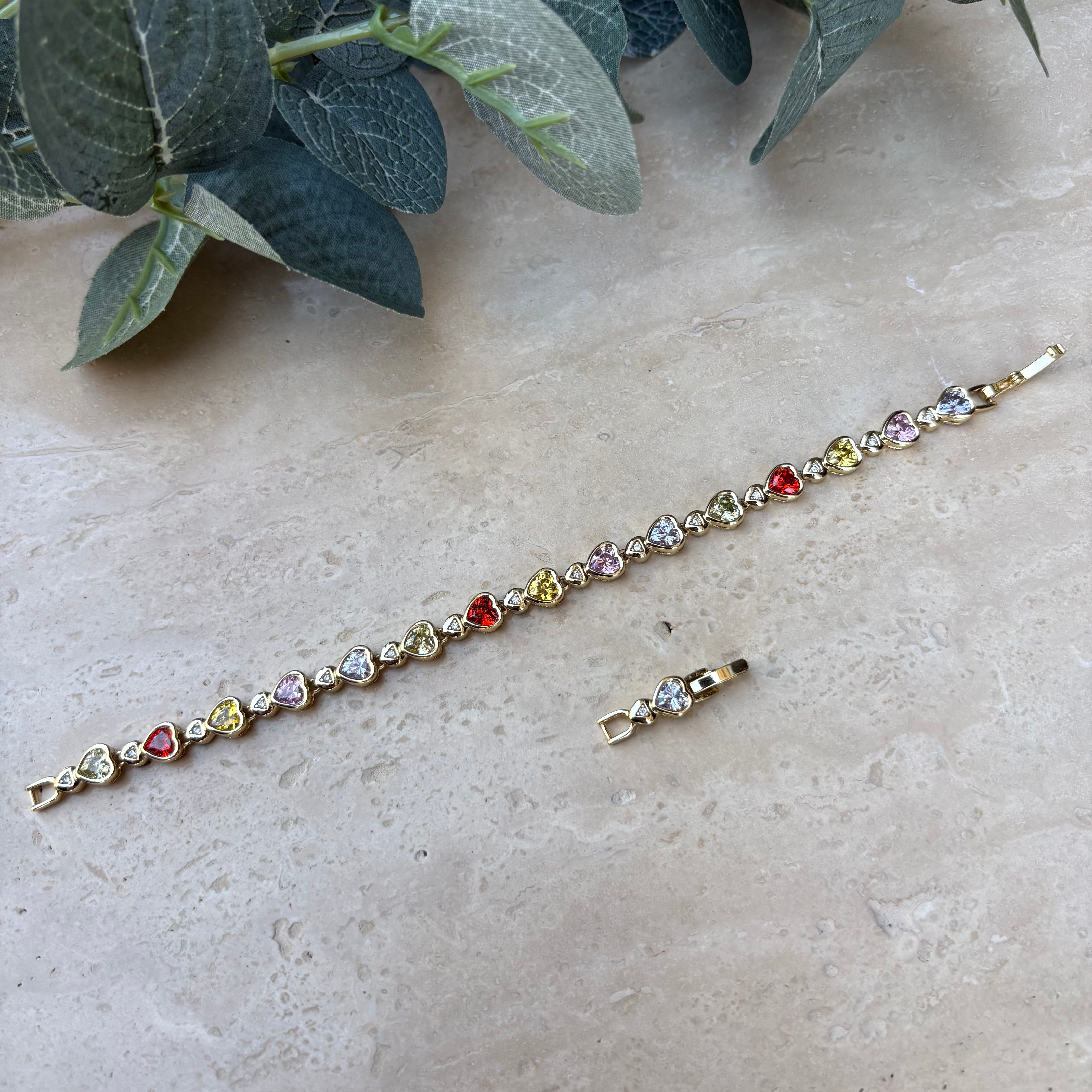 14K Özel Seri Renkli Taşlı Kalpli Tamtur Bileklik (17+2 cm)