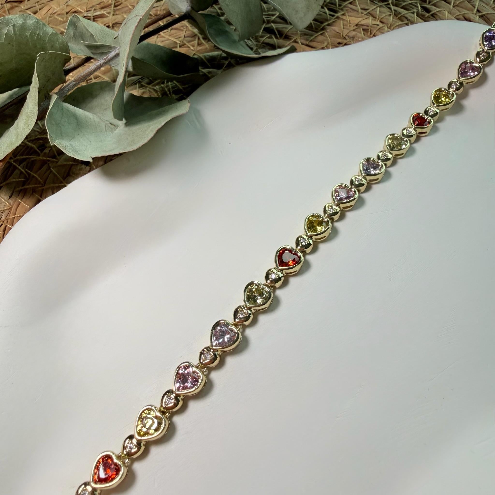 14K Özel Seri Renkli Taşlı Kalpli Tamtur Bileklik (17+2 cm)