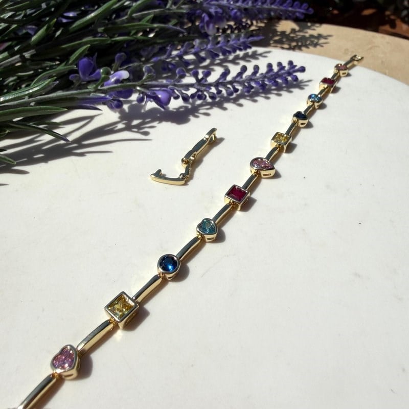 14K Özel Seri Şekilli Renkli Taşlı Bileklik (17+2 cm)