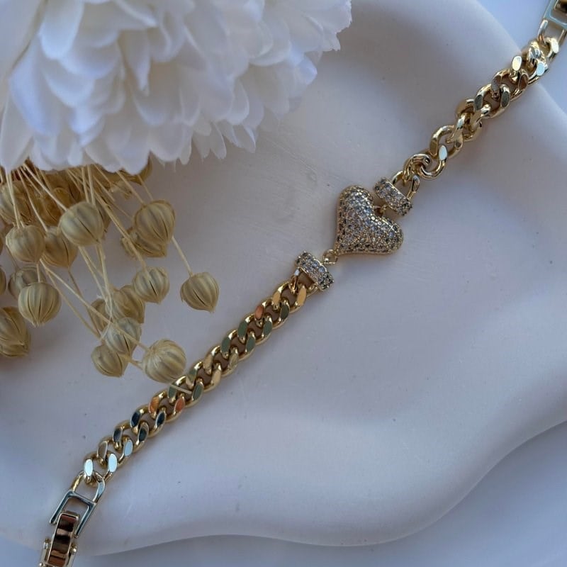 14K Özel Seri Taşlı Kalp Figürlü Zincir Bileklik (17+2 cm)