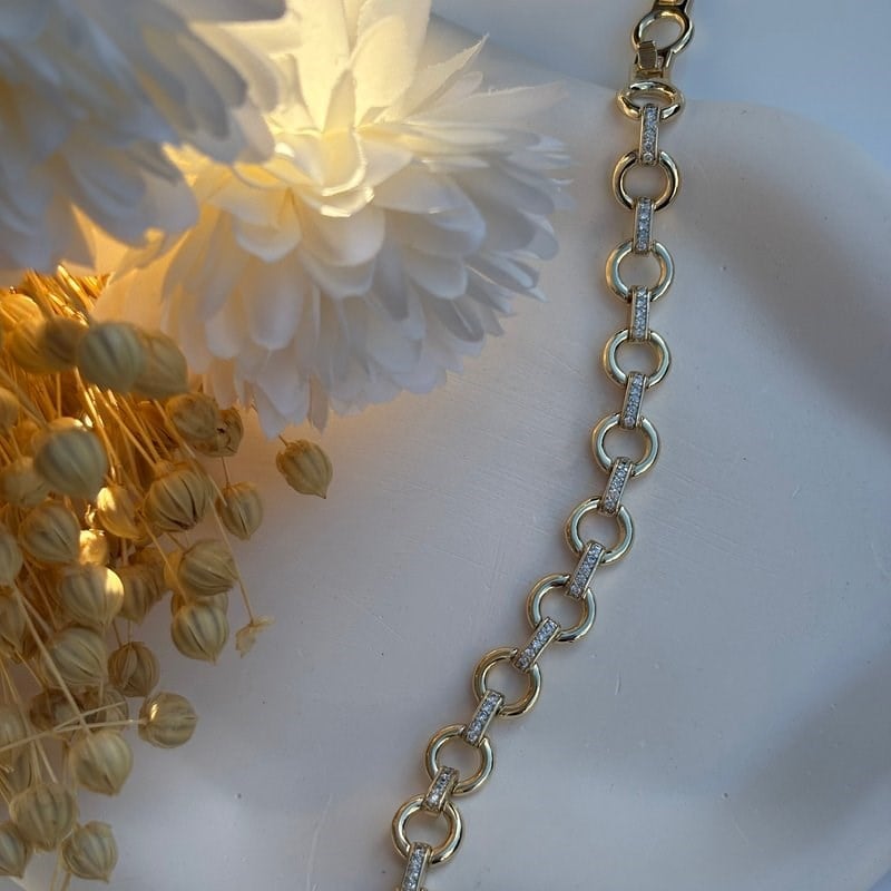 14K Özel Seri Taşlı Küçük Halka Şık Bileklik (17+2 cm)