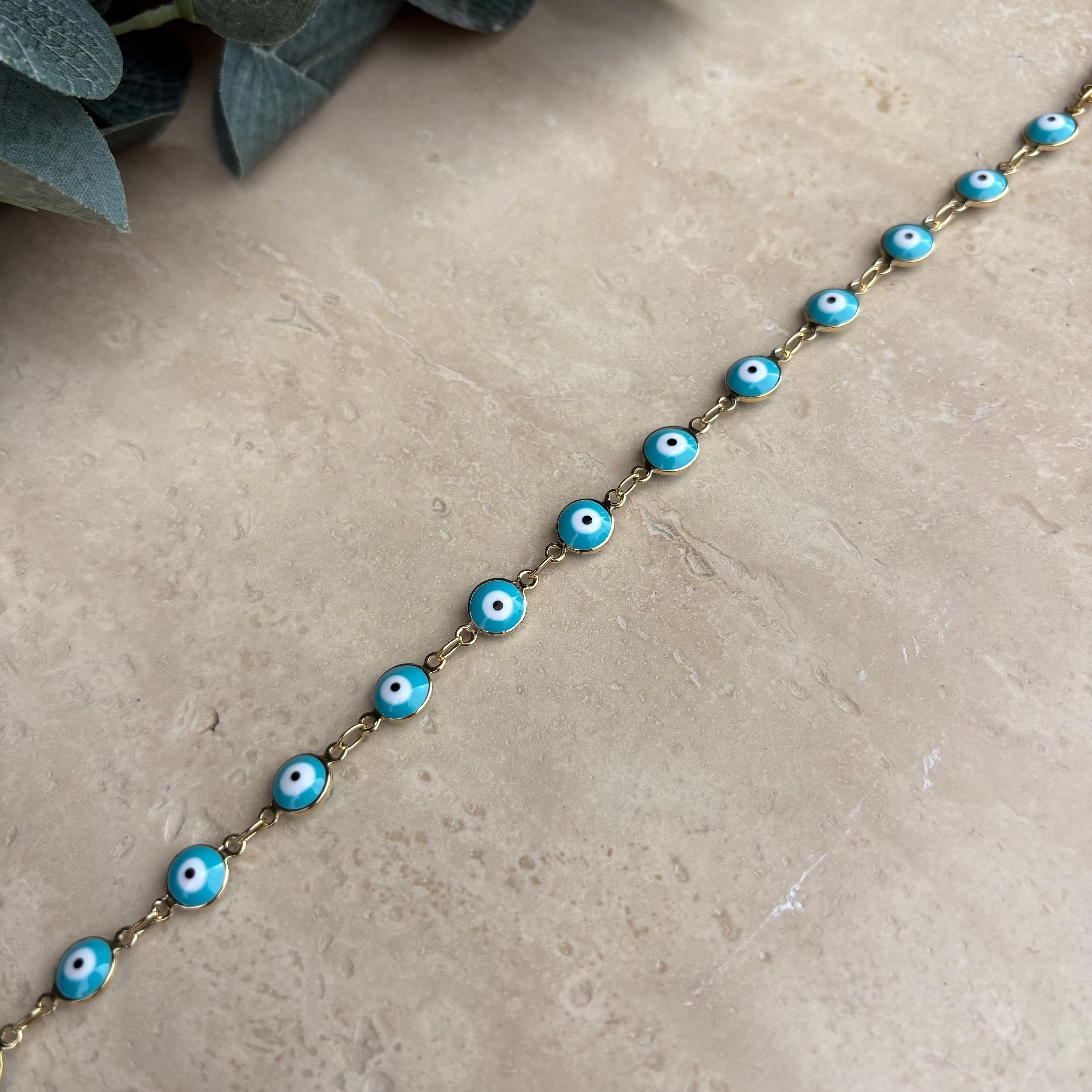 14K Özel Seri Turkuaz Mineli Nazar Boncuklu Bileklik (20 cm)