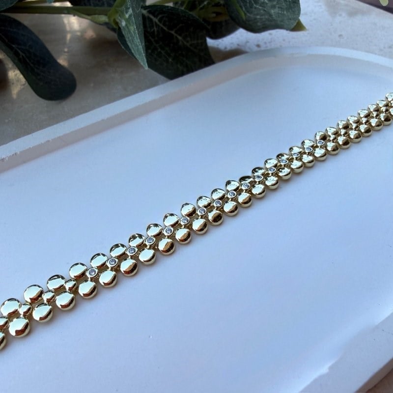 14K Özel Seri Yuvarlak Detaylı Taş Plaka Bileklik (17+2 cm)