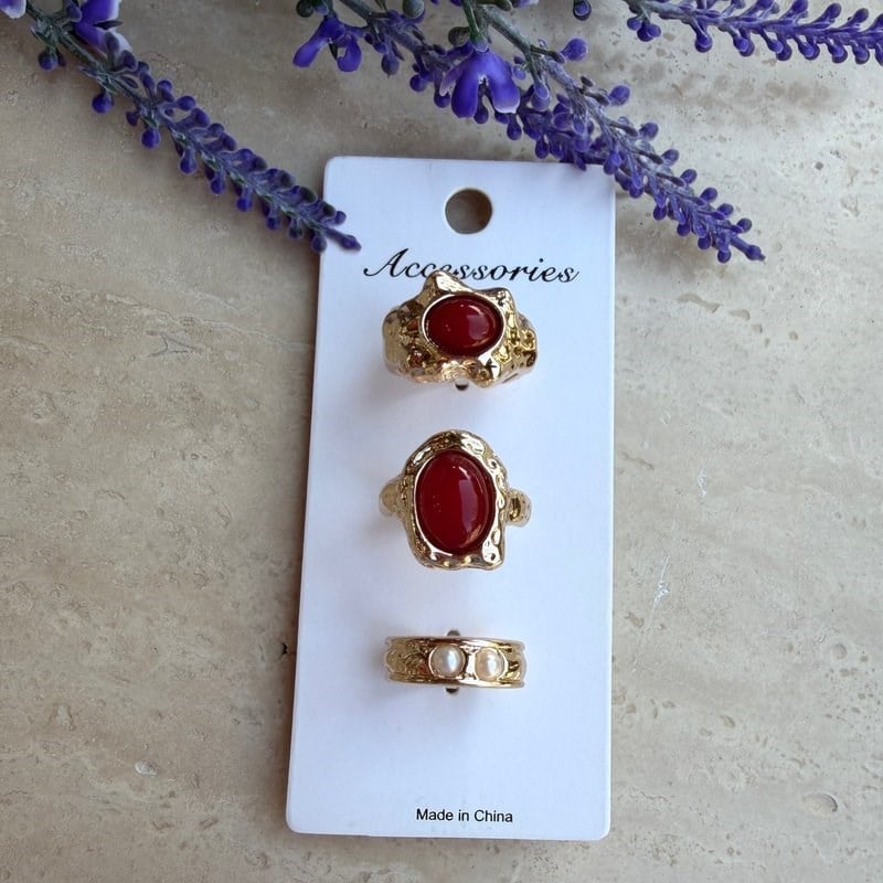 3'lü Bordo Gold Yüzük Seti