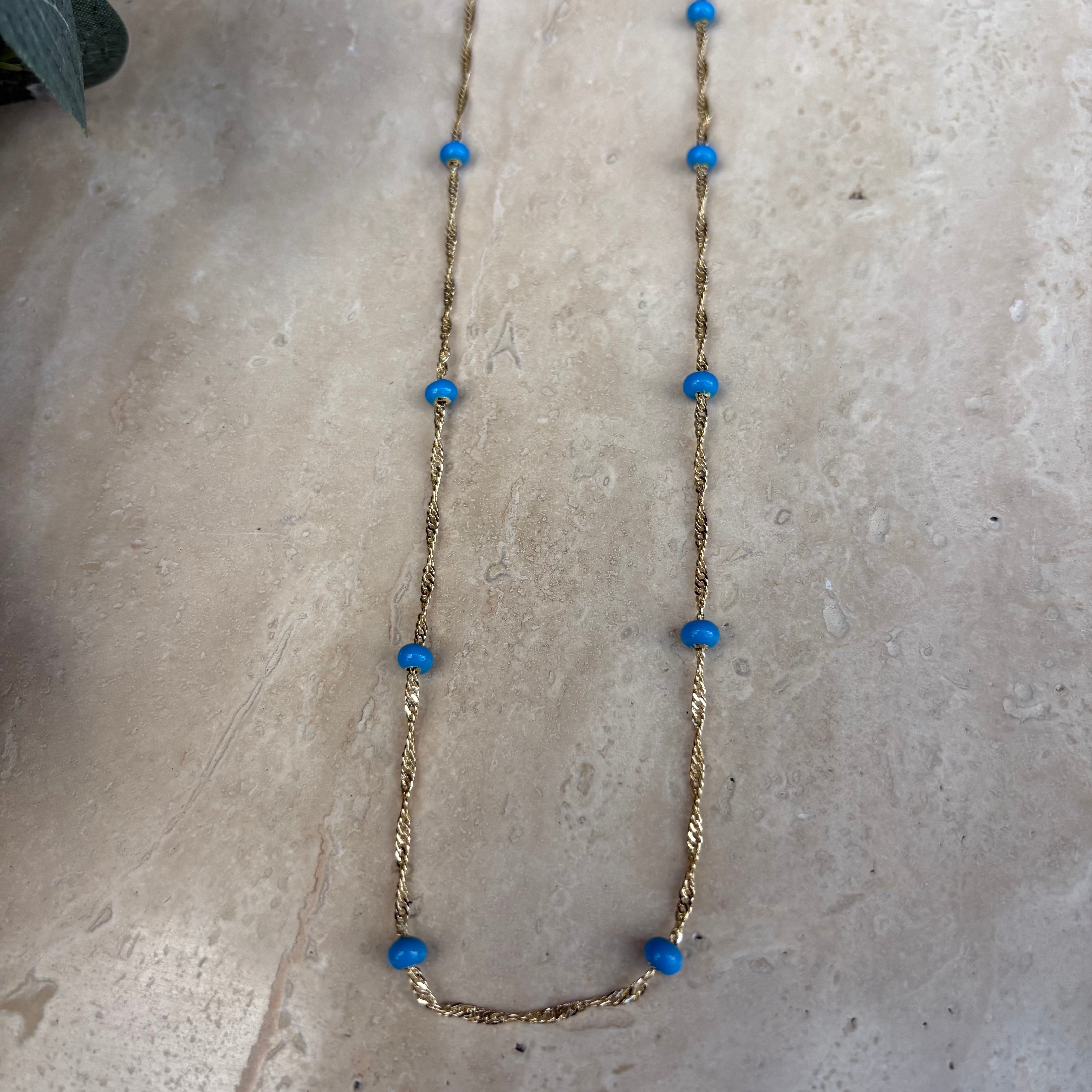 Altın Kaplama Mavi Boncuklu Zincir Kolye (45+5 cm)