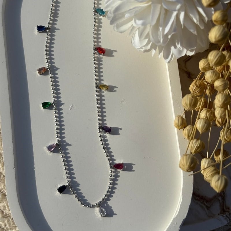 Altın Kaplama Renkli Damla Taş Zincir Kolye (47 cm)