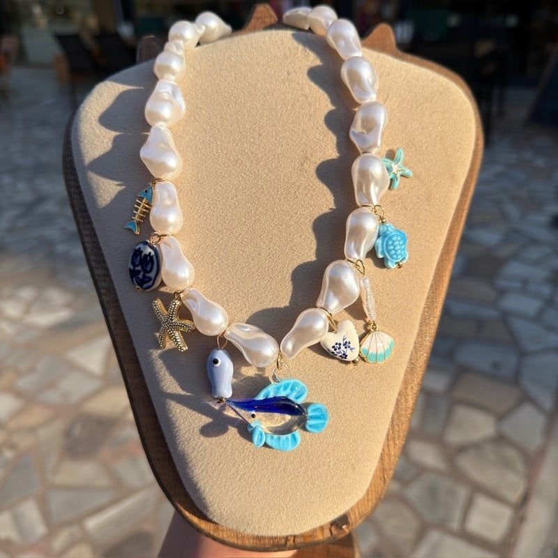 Balıklı Murano Camlı Charmlı İnci Kolye
