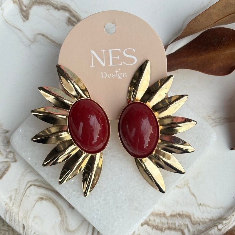 Bordo Yarım Çiçek Gold Küpe