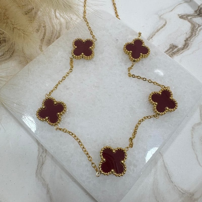 Çelik Bordo Çoklu Yonca Kolye (45 cm)