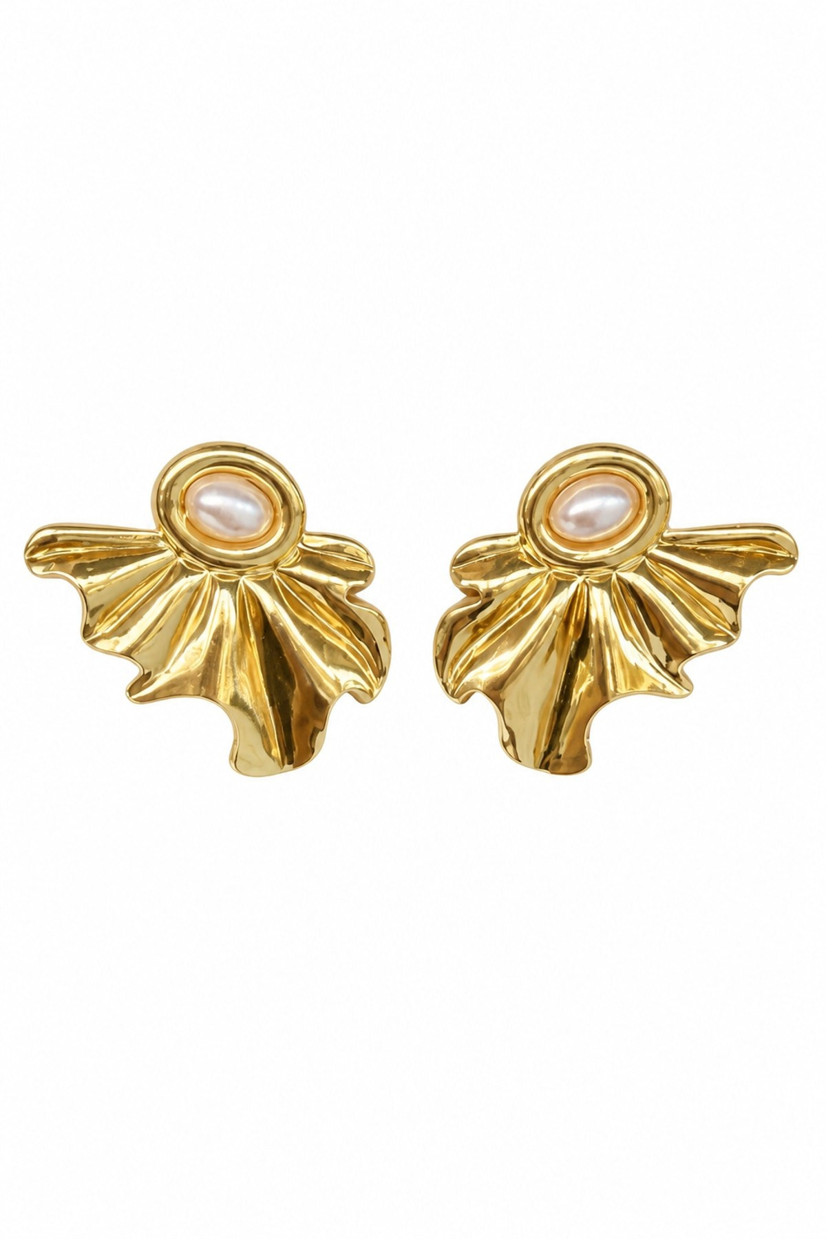 Çelik İncili Yaprak Model Gold Küpe