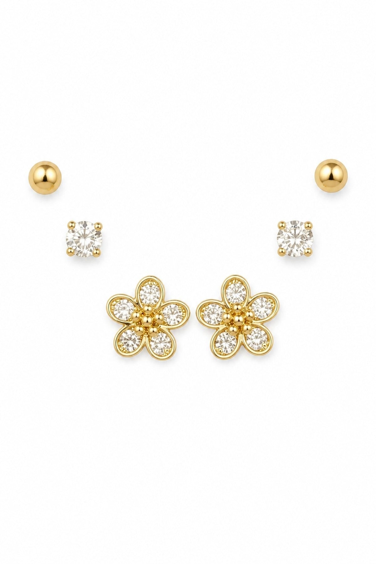 Çiçek Taşlı Mini Gold Küpe Seti