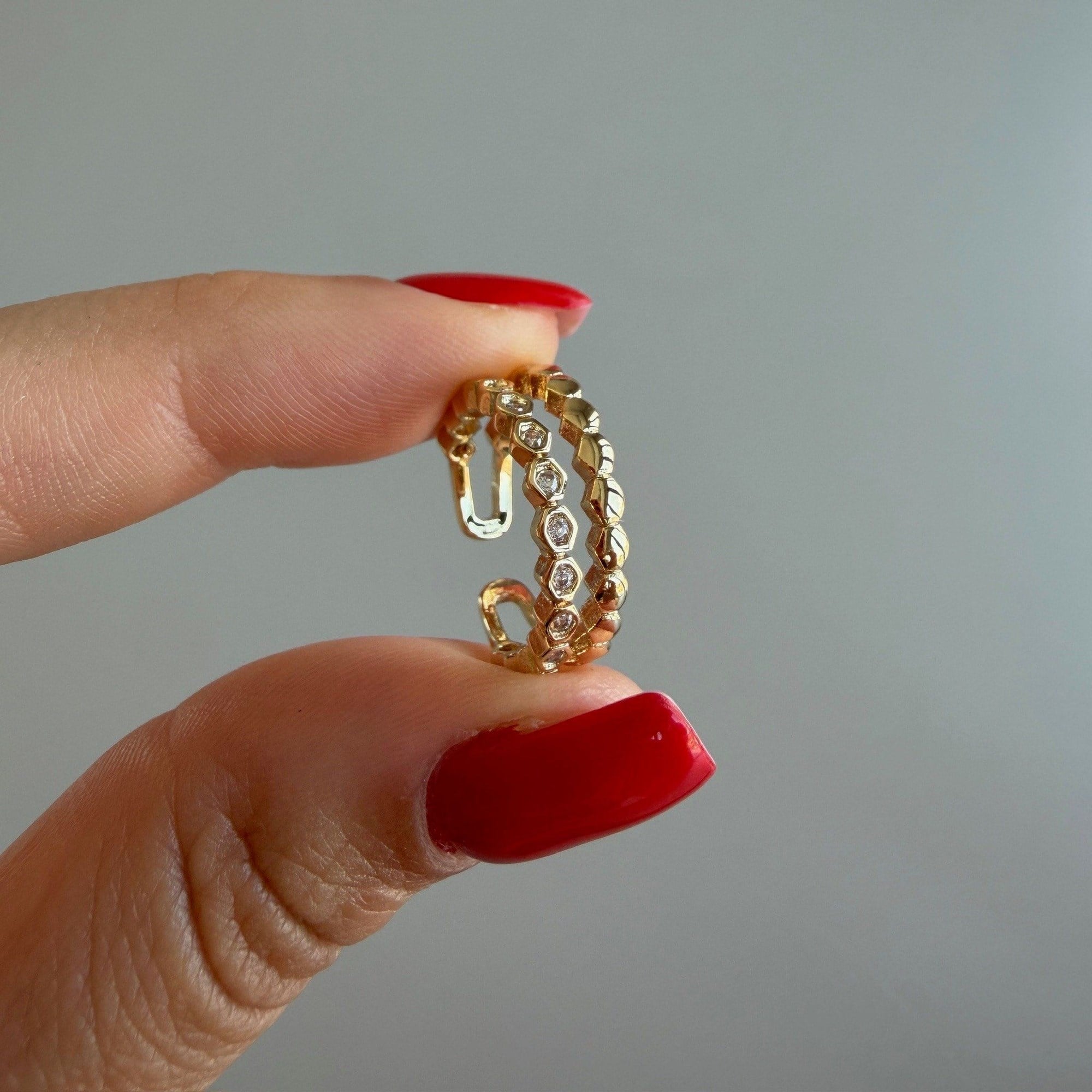 İkili Taşlı Altıgen Serçe Parmak Yüzüğü -gold