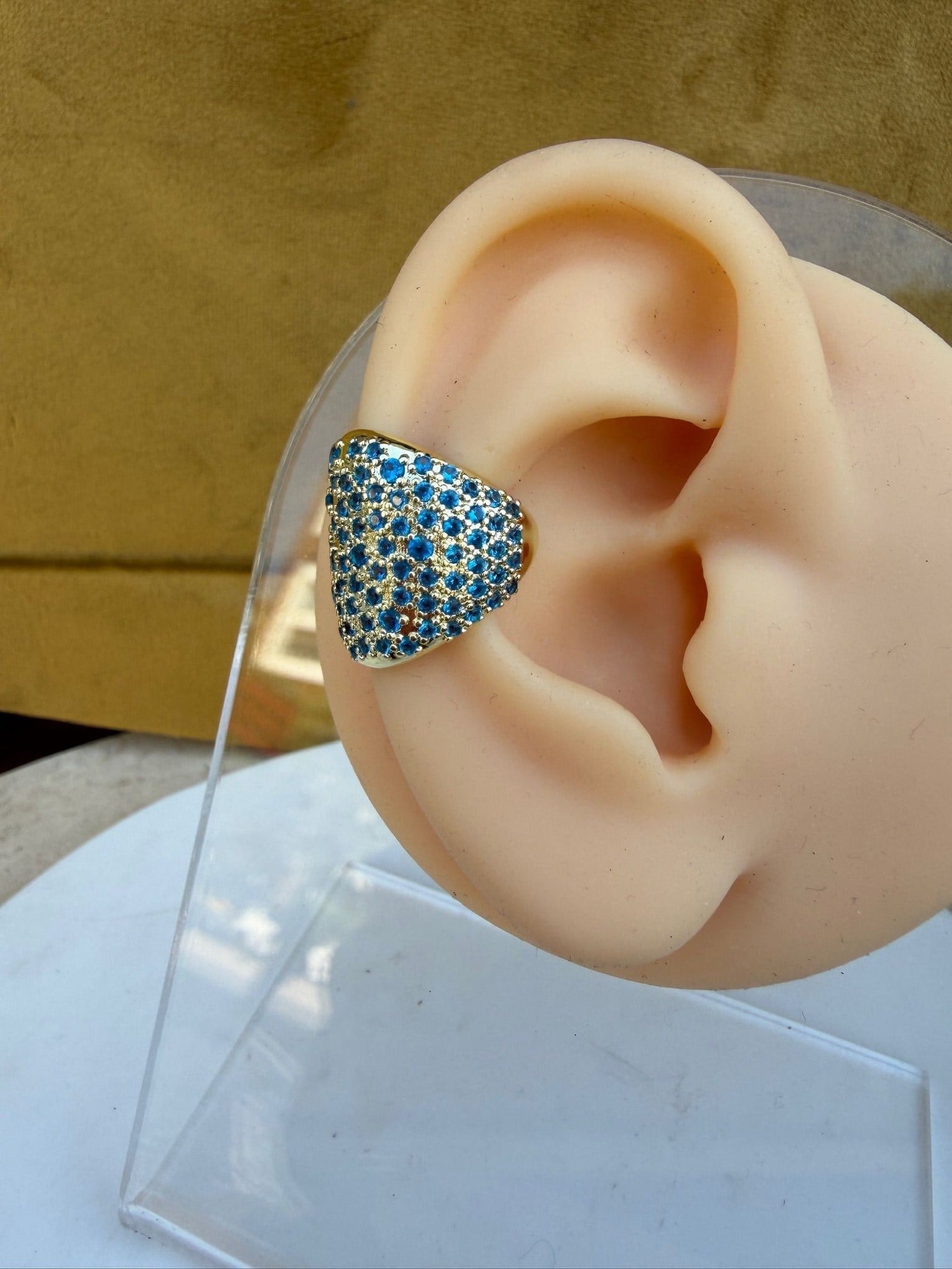 Mavi Taşlı Gold Earcuff