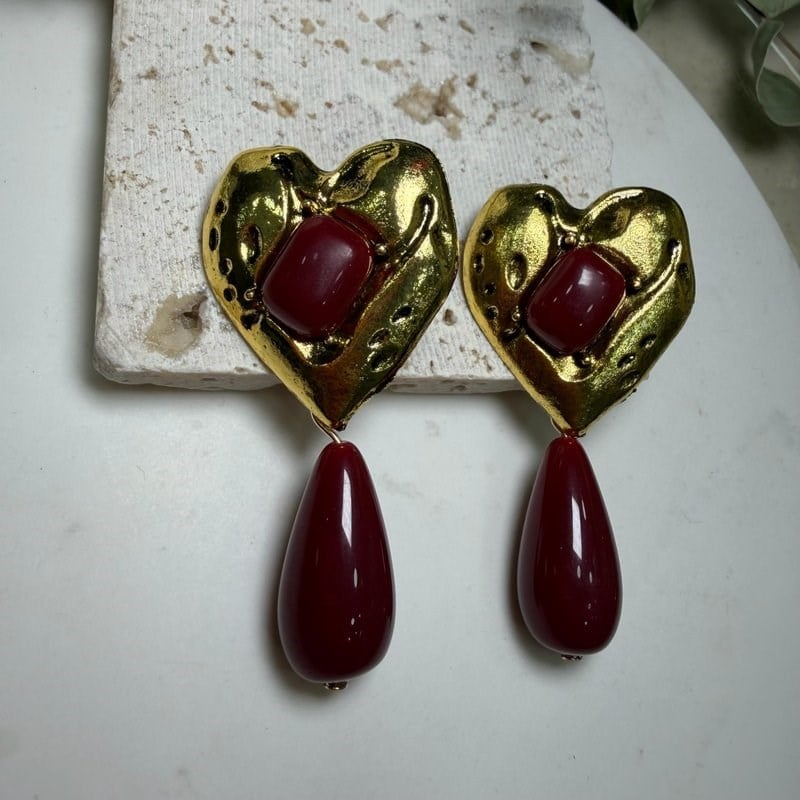 MNG Bordo Sallantılı Eskitme Gold Kalp Küpe