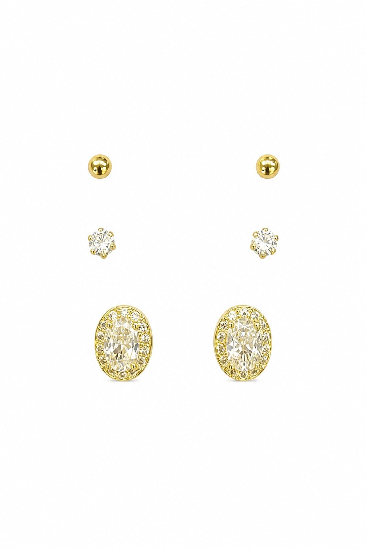 Oval Taşlı Mini Gold Küpe Seti